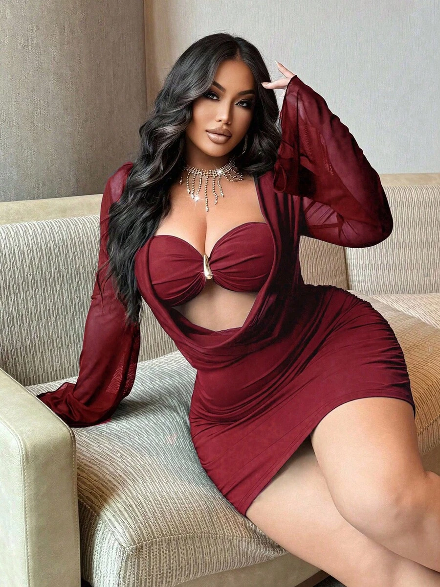 NU&NOW Plus Size Women's Bodycon Dress, Sexy Sheer Mesh Bell Sleeve Metal Buckle Party Dress, Suitable For Autumn/Winter/Summer - Burgundy - View 1