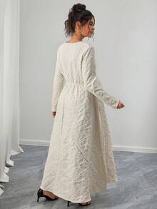 Momance Elegant Contrast Color Button Jacquard Long Sleeve Dress - Apricot - View 2