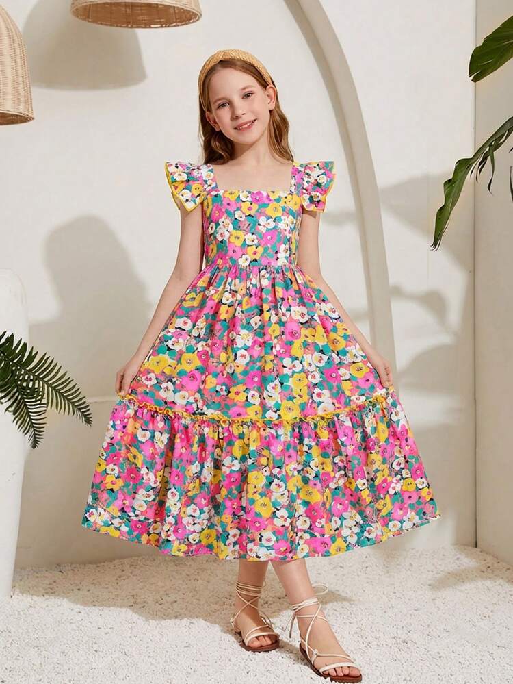 SHEIN Emery Rose Kids Vestido casual de vacaciones con cuello cuadrado, ajustado, con volantes y estampado floral tejido para niña preadolescente - Rosado Sandía - Añade 3