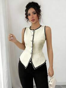 SHEIN Elenzya Áo hai dây cổ tròn thắt eo thanh lịch dành cho nữ, phù hợp cho mùa xuân, hè, thu - Màu be - Xem 6