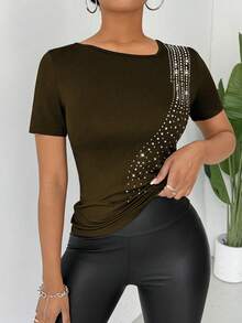 Chiquease Áo thun nữ cổ tròn tay ngắn đính đá Rhinestone (Thiết kế đính đá Rhinestone) - Cà phê nâu - Xem 8