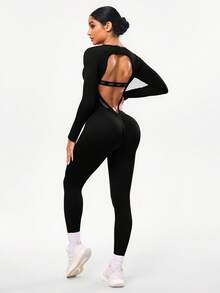 Seamluxe SHEIN Sport Women's Letter Print Open Back Tight Yoga Jumpsuit - Black - View 2