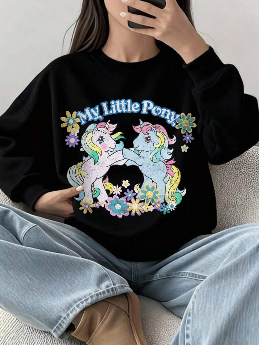 My Little Pony X SHEIN Tween Girl Casual Pattern Long Sleeve Crew Neck Sweatshirt, Suitable For Autumn/Winter - Black - View 1
