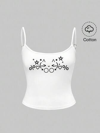 Kawaii Canottiera sexy da donna con grafica carina di emoticon, stile coreano, gattino, stelle e cuori