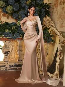 Aureia 优雅、浪漫、端庄、卡其色、弹力缎面、水钻装饰、珍珠装饰、文胸罩杯、褶皱、鱼尾下摆、拖尾、时尚、节日、度假、生日派对、婚礼活动、正式晚礼服 - 卡其色 - 查看 2