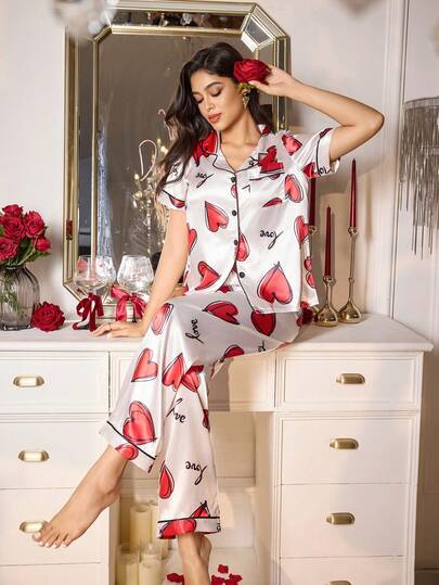 LuxeNights Faux Silk Heart Print Lapel Collar Short Sleeve Pajama Set For Women