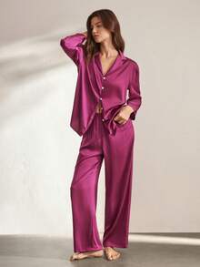 Ocili 丝滑缎面舒适宽松长袖上衣和裤子女士睡衣套装，冬季服装 - 紫色 - 查看 8