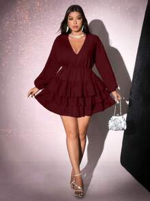 Viva Relle Plus Size Solid Color V-Neck Ruffle Hem Elegant Long Sleeve Dress,Valentine - Burgundy - View 6
