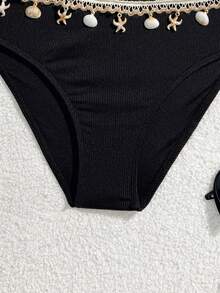 SHEIN 少女黑色罗纹面料贝壳和海星装饰细肩带可调节比基尼套装 - 黑色 - 查看 4