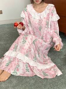 DAZY Camisola Longa Feminina com Estampa Floral e Babado Contrastante - Rosa chiclete - Visão 3