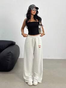 SHEIN 少女休闲宽松低腰弹力腰带阔腿运动裤，适合春、夏、秋、冬四季穿着，尤其适合秋冬季日常穿着、街头风、居家休闲，打造舒适秋冬造型，也适合新年、日常穿着、庆祝活动等场合，方便舒适，可叠穿，时尚百搭。 - 灰色 - 查看 4