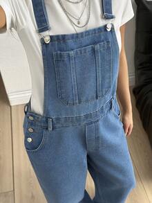 SHEIN Pocket Front Button Side Denim Overalls - Medium Wash - View 7