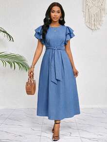 SHEIN Lady Vestido midi de mujer de unicolor con cuello redondo, mangas con volantes y cinturón - Azul - Ver 7