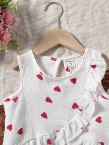 Conjunto de top con cuello de volantes con estampado de corazón y rayas en el bajo, y pantalones anchos de pierna ancha para niñas, adecuado para fiestas de San Valentín, primavera/otoño - Multicolor - Ver 3
