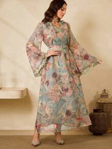 Al Najma 女士极简印花V领长袖阿拉伯风格连衣裙 - 粉色 - 查看 4