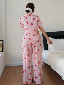 星形条纹休闲翻领开衫女士睡衣套装 - 紅色 - 查看 2