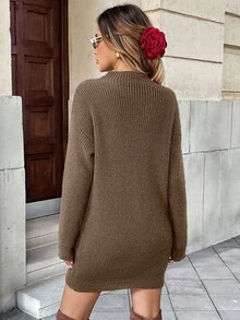 EMERY ROSE 女士休闲落肩长袖毛衣连衣裙，秋冬季 - 咖啡棕 - 查看 2