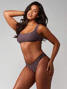 MISSGUIDED Square Neck Bikini Top With Regular Straps Summer Swimwear Beach Pool Vacation Swimsuit Top - Brown - View 4