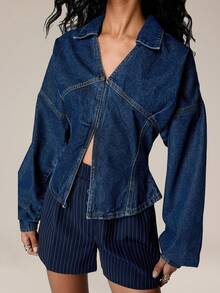 Easelle Blusa de mezclilla con cuello vuelto, abertura lateral y hombros caídos, casual y de uso diario, para otoño - Azul - Ver 1