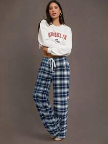 Siren Gaze Women's Casual Elastic Waist Drawstring Straight Loose Lounge Pants Blue Plaid Pants Spring - Navy Blue - View 5