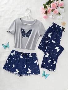Bộ đồ ngủ 3 món in hình bướm tay ngắn, quần dài màu xanh và quần short cho bé gái - Nhiều màu - Xem 8