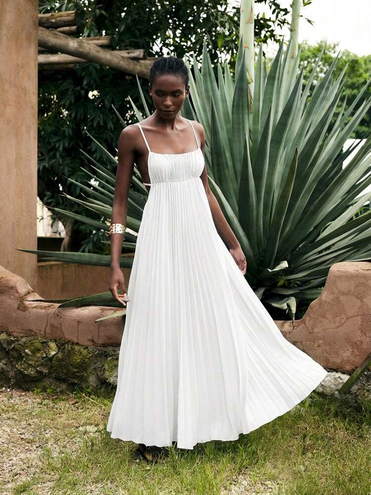SHEIN Maija Women's White Summer Vacation Dress, Modern Bohemian Solid Color Sleeveless Pleated Beach Dress