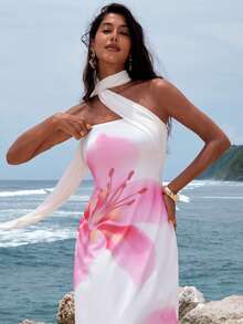 Opulessa 女士修身印花网眼针织连衣裙，适合春夏度假穿着 - 彩色 - 查看 1