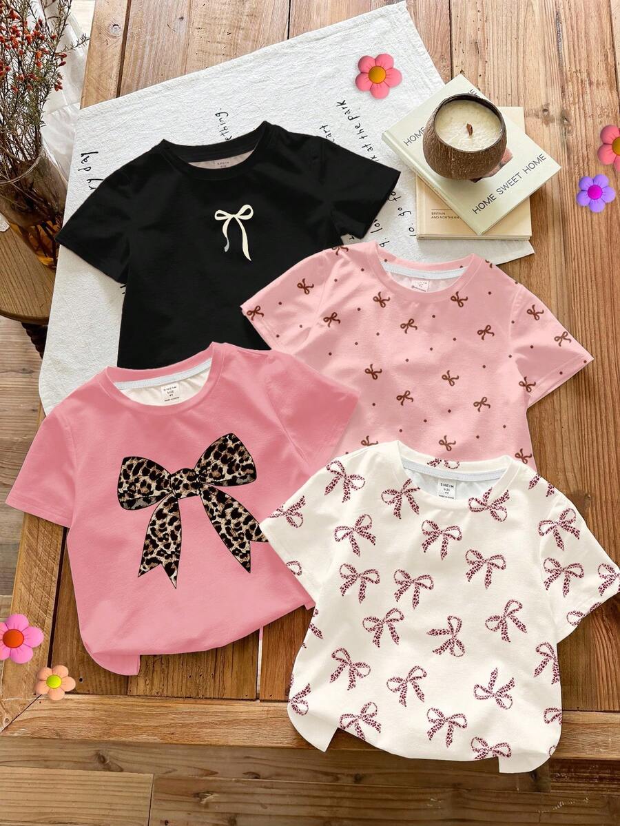 SHEIN LMoss Kids 4件套,奶油白、玫瑰粉、奶油粉、黑色复古豹纹印花迷你波点蝴蝶结装饰圆领短袖T恤,充满圣诞气息,休闲简约蝴蝶结系列,适合所有季节。 - 彩色 - 查看 1