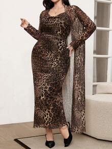 Modelyn 2pcs/Set Leopard Print Mesh Sleeveless Dress And Cardigan Shawl 2 Pieces Set - Coffee Brown - View 5