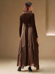Anewsta 女士拼接长裙，优雅时尚的正式礼服 - 深棕色 - 查看 2