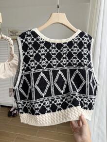 Comfortcana Áo vest dệt kim dáng suông họa tiết hình học jacquard dành cho nữ cỡ lớn - Nhiều màu - Xem 2