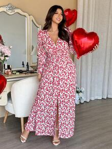 Vionelle Große Größen Damen Französischer Stil elegantes V-Ausschnitt Langarm Taille Raffung Blumen Valentinstag Kleid Kirschprint Kleid Maxi Blumenkleid V-Ausschnitt Maxi Kleid Langarm Blumenkleid Blumenkleid Damen Damen Blumenkleid Sommer Langes Kleid Blumen Wickelkleid - Verschiedenfarbig - Übersicht 4