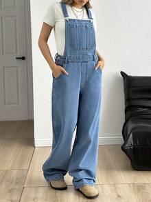 SHEIN Pocket Front Button Side Denim Overalls - Medium Wash - View 4