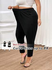 SHEIN CURVE+ Plus Size Elegant Occasion Commuting Skinny Pants, Versatile & Comfortable, Summer - Black - View 8