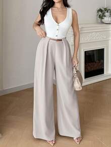 Modelyn 女士纯色褶裥直筒宽松休闲裤，百搭优雅女士阔腿裤 - 卡其色 - 查看 2