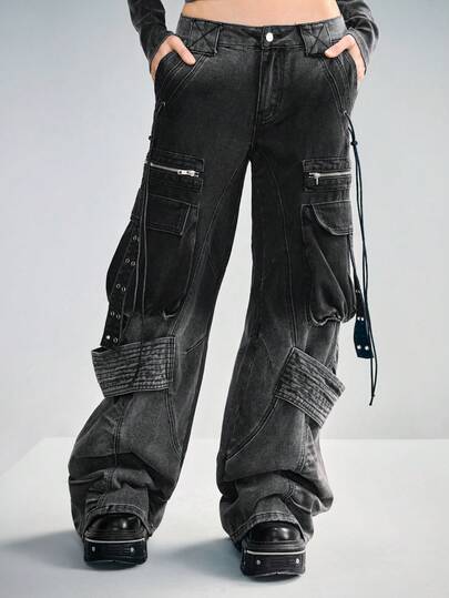Grunge Punk Punk Distressed Ombre Washed Cargo Low Waist Wide Leg Jeans