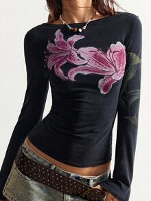 Bohemela BOHO Solid Color Knit One-Shoulder Long Sleeve T-Shirt For Women, Suitable For Valentine's Day, Music Festival, Vacation, Casual - Black - View 7