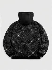 ROMWE MEN Street Life Men's Shiny Zipper Front Casual Hooded Winter Jacket - Black - View 2