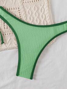 SHEIN Women's Vacation Beach Contrast Trim Swimsuit Set Crochet Bikini Set Crochet Swimsuit Women Knitted Bathing Suit Bikini Set Summer Bikini Set Vacation - Army Green - View 3
