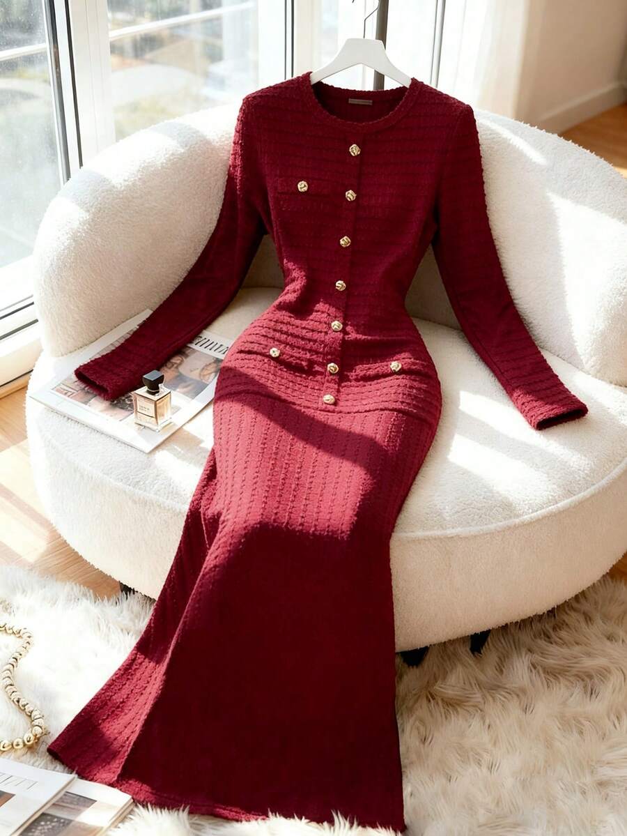 Modelyn 优雅长款酒红色椭圆领连衣裙,女士冬季款 - 酒紅色 - 查看 1