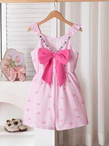 SHEIN Sparklyn Mono informal y lindo con volantes y lazo en las mangas para niñas - Rosa - Ver 7