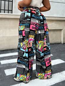 SHEIN EZwear 女裝加大號報紙主題塗鴉印花工裝褲