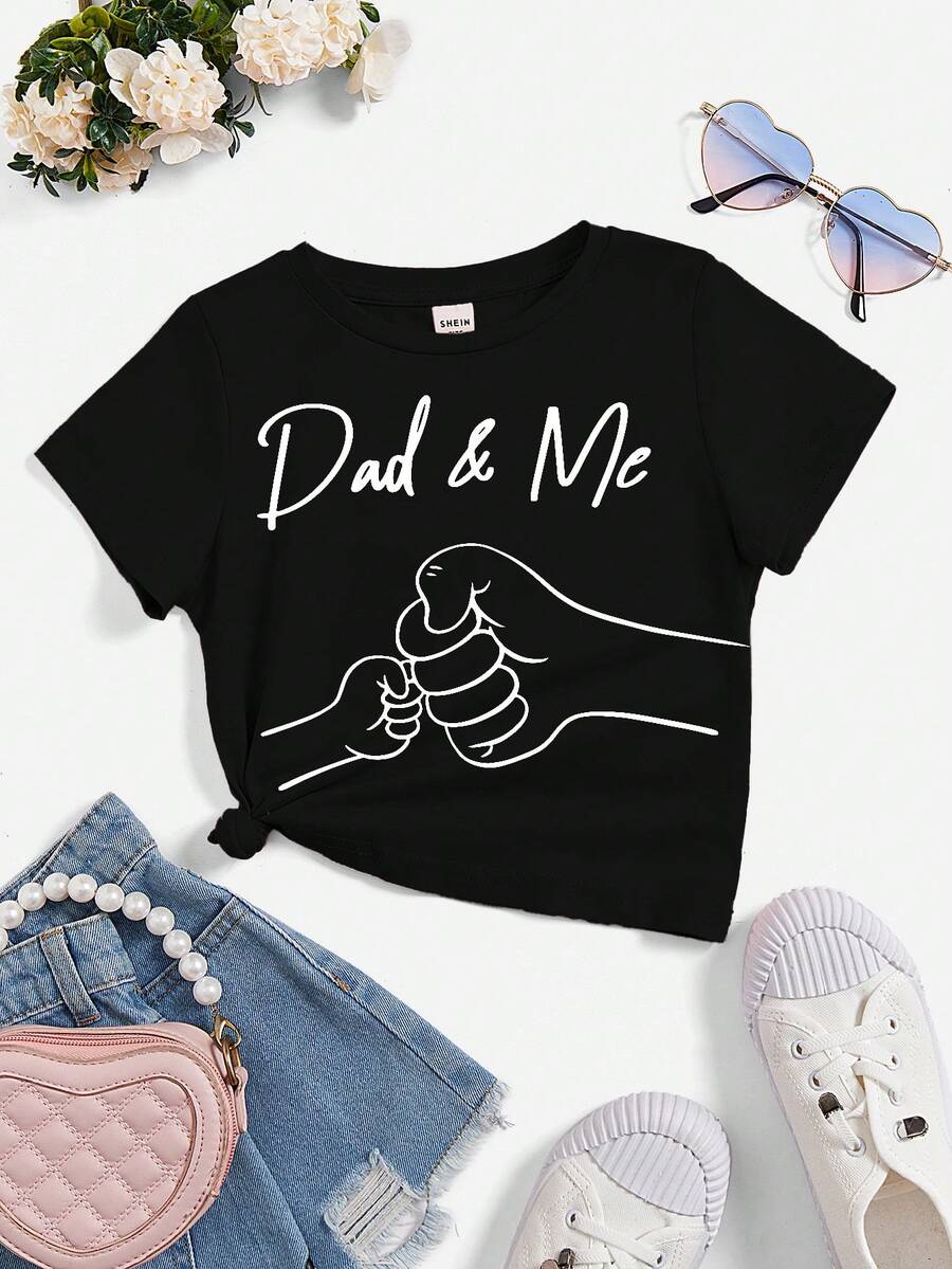 Girls Casual Printed Short Sleeve T-Shirt, Suitable For Summer Dad And Me Shirts Graphic Tee Dad And Me Dad And Me Graphic Top Father S Day Shirt - Black - View 1