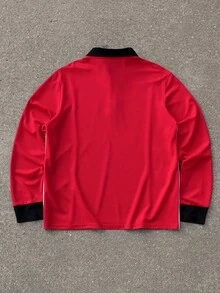 Manfinity Campus Court 男士字母印花撞色长袖休闲通勤 Polo 衫 - 紅色 - 查看 2