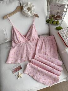 Comfortcana Plus Size 2pcs Set:Floral V-Neck Ruffle Trim Camisole And Shorts, Casual, Spring/Summer,Comfortable Pure Cotton Two-Piece Sets Women, Summer Outfits - Pink - View 8