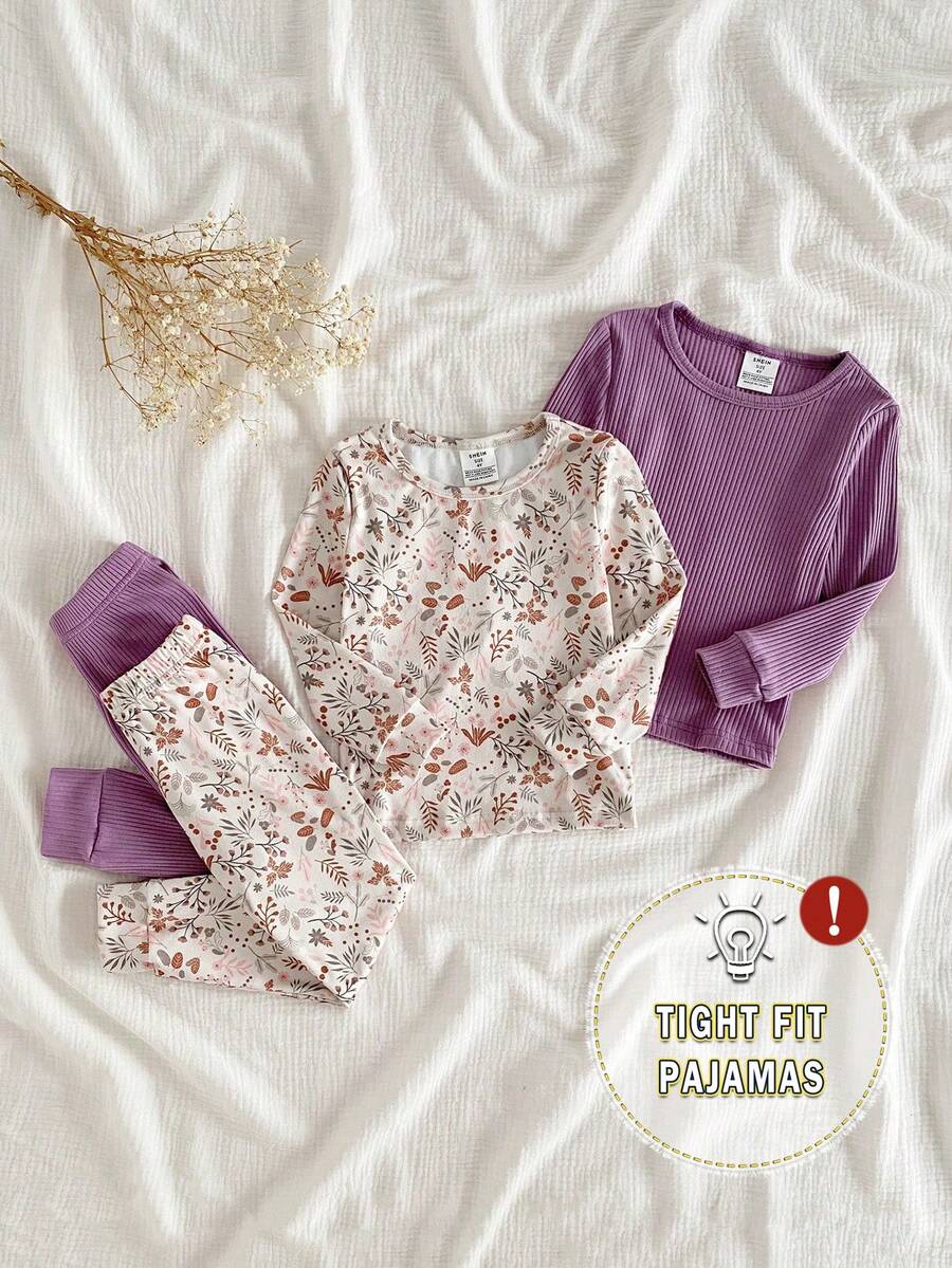 SHEIN 4件套女童柔软舒适贴身睡衣套装,秋冬季款,树叶花卉数码印花,圆领长袖上衣和长裤,休闲家居服 - 淡紫色 - 查看 1
