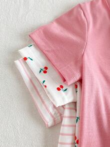 SHEIN Vintaside Kids 6件套女婴新生儿幼儿0-3岁春夏新款可爱兔子纯色条纹T恤短裤套装 - 粉色 - 查看 9