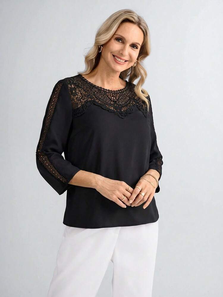 Plus Size Elegant Solid Color Lace Patchwork Blouse, Autumn Black Lace Top Lace Blouse Blouses For Women Elegant
