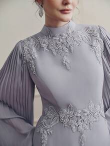 Anewsta Elegant Lightweight Gray Stand Collar Applique Sleeve Pleated Waist Flowing Long Sleeve Dress For Women, Spring/Summer - Light Grey - View 1