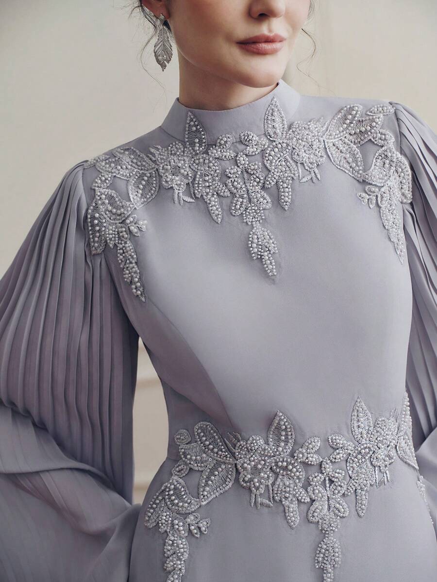 Anewsta Elegant Lightweight Gray Stand Collar Applique Sleeve Pleated Waist Flowing Long Sleeve Dress For Women, Spring/Summer - Light Grey - View 1